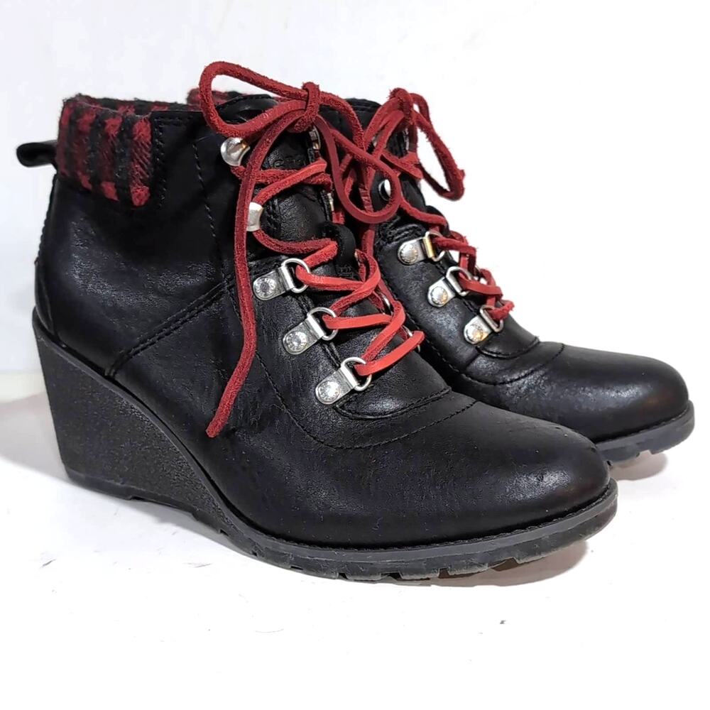Sperry Buffalo Check Plaid Black Leather Hiking Wedge Ankle Boots sz 8.5